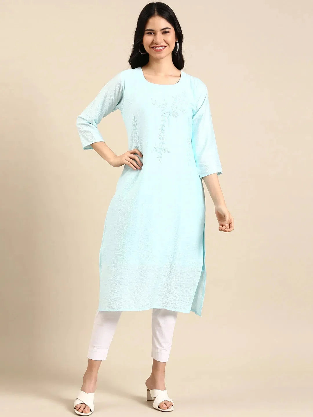 Classic Blue Cotton Straight Indian Kurta - Women's Fashion