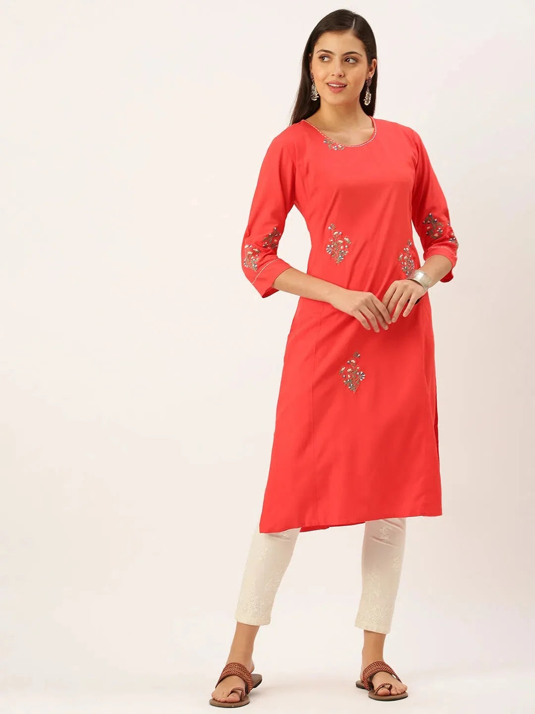 Red Embroidered Indian Kurta - DesiQlo Ladies Kurtas Online