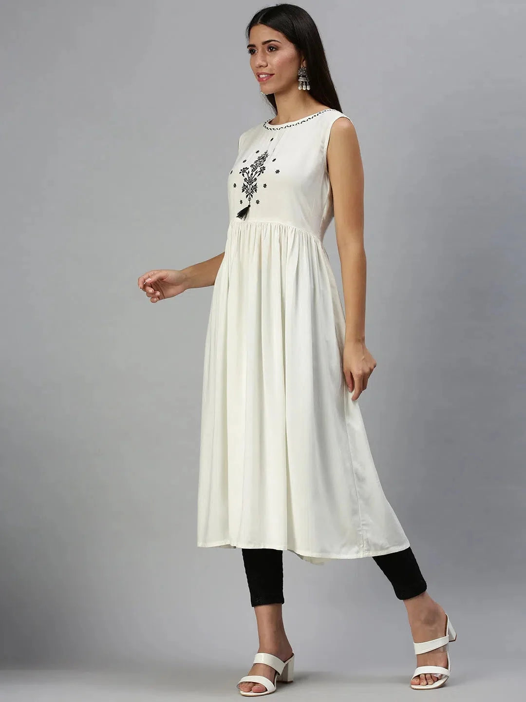 Cream & Black Printed Cotton Anarkali Kurta for Women