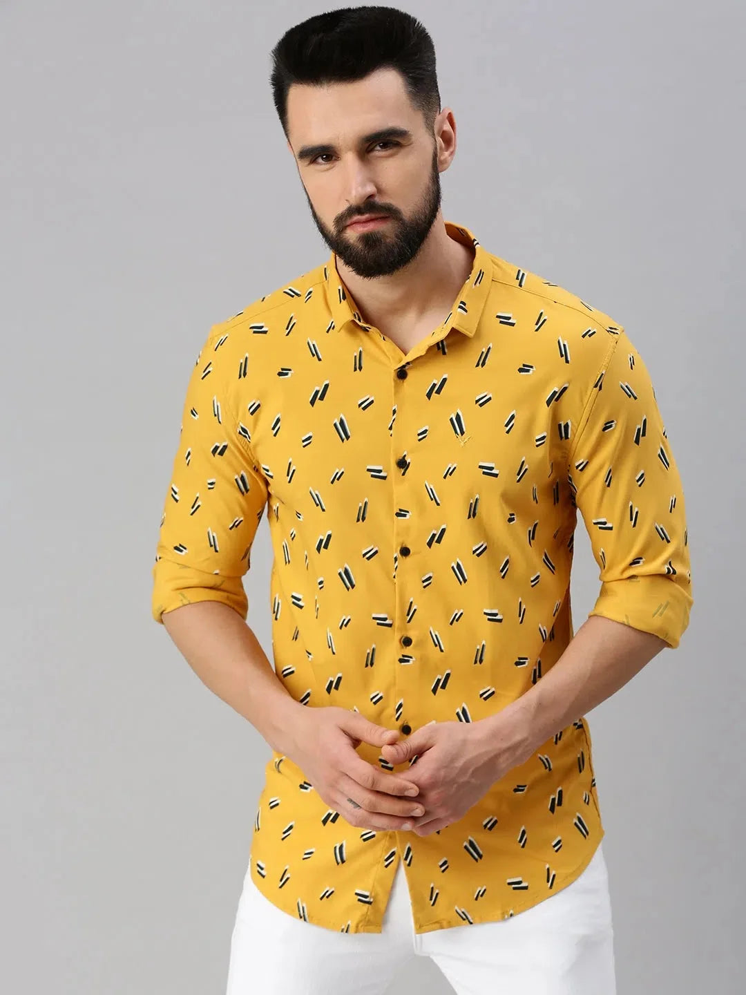 Yellow Printed Cotton Shirt for Men | Casual Printed Shirt