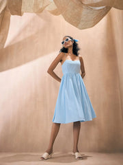 Women Blue Solid Back Tie-Dori Midi Dress