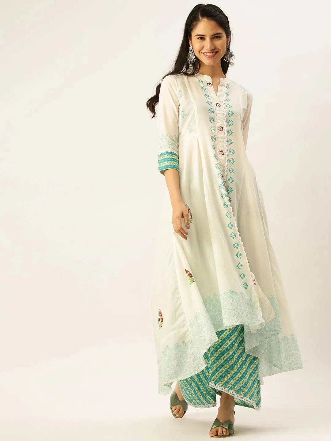White Ethnic Print Cotton Indian Kurta Sets | Showoff