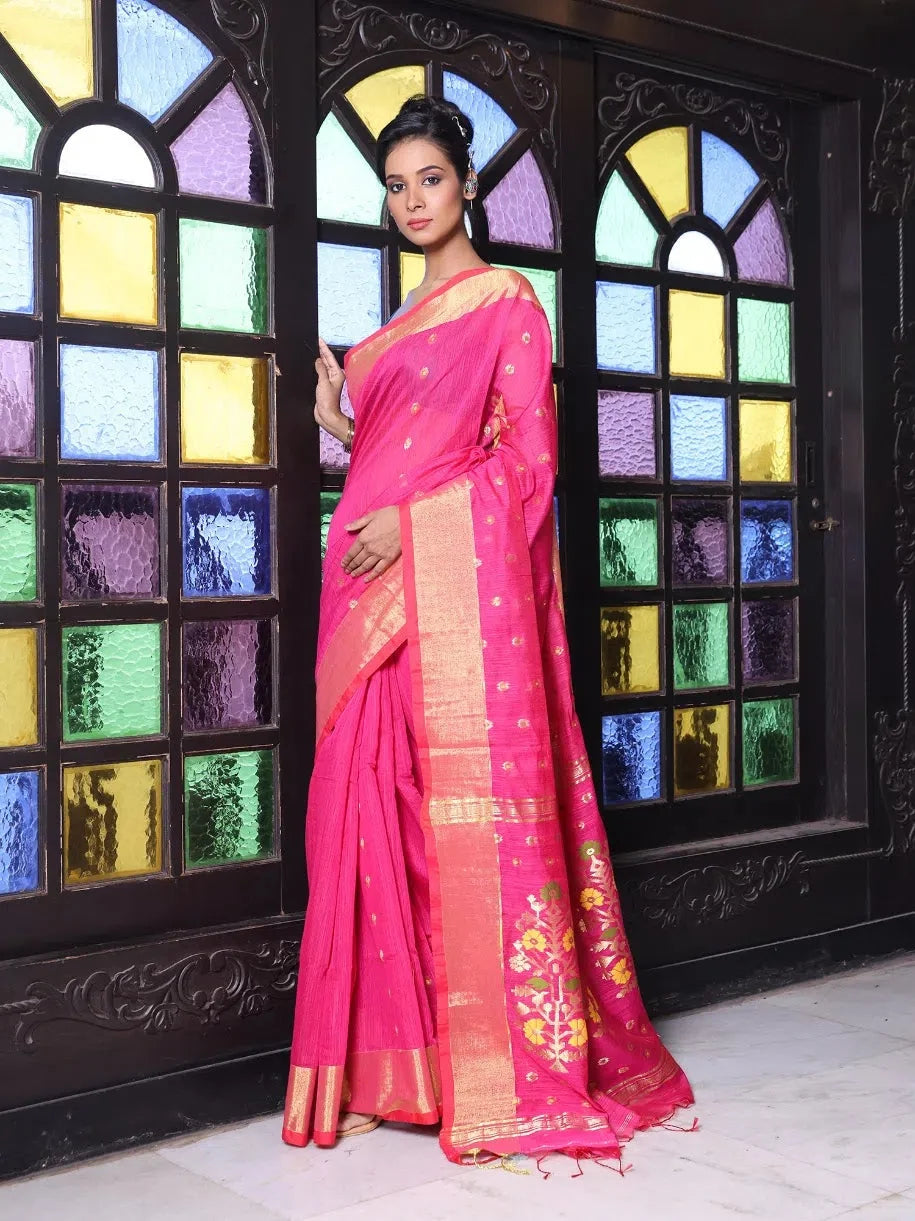 Hot Pink Cotton Saree | Indian Sarees with Zari