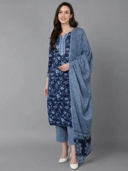 Women Blue Cotton Blend Printed Straight Kurta Pant Set With Dupatta-VKSKD1632