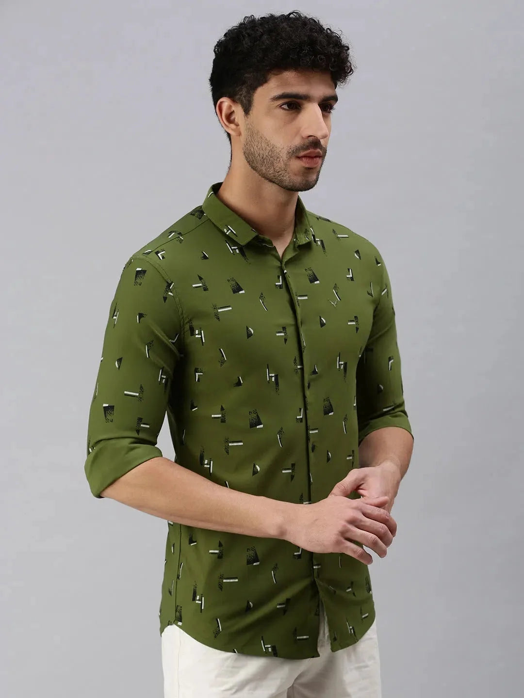 Olive Printed Mens Shirt | Casual Cotton Shirt by DesiQlo