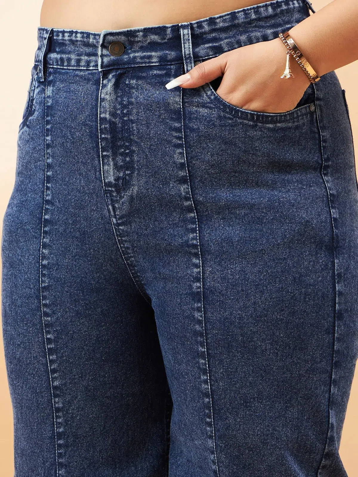 Blue High Waist Straight Jeans | Women's Seam Detail Denim