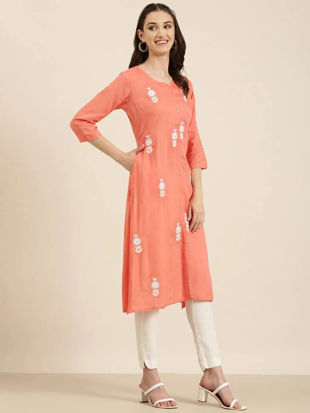 Coral Floral A-Line Kurta: Trendy Indian Kurti for Women