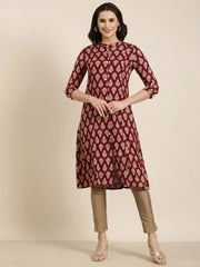 Women Straight Maroon Ethnic Motifs Kurta-MRF-172-Maroon