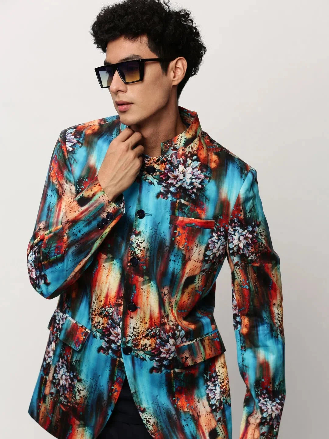 Men's Blue Printed Blazer | Modern Ethnic Nehru Jacket Design