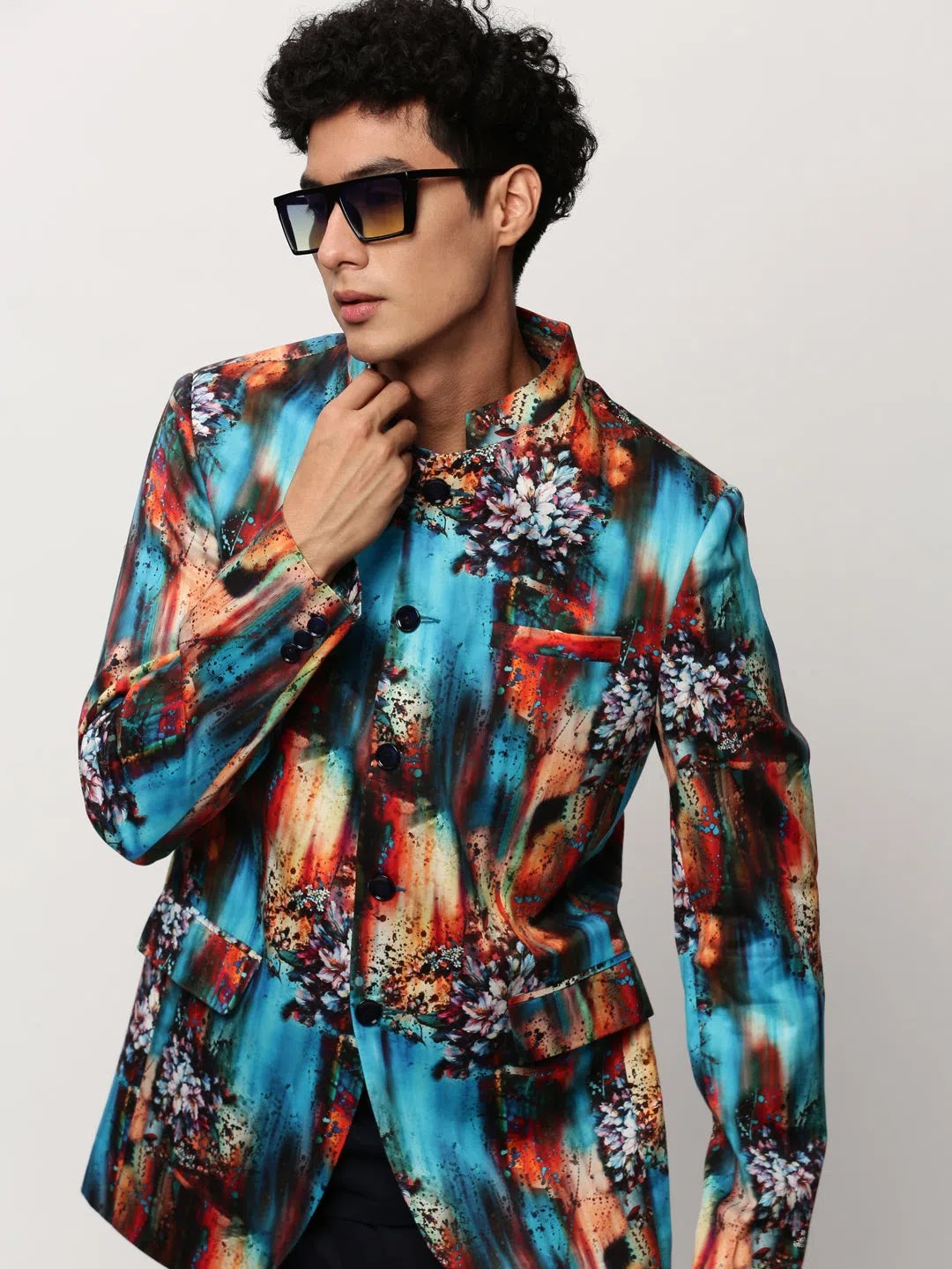 Men's Blue Printed Blazer | Modern Ethnic Nehru Jacket Design