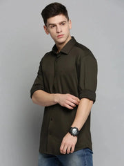 Men Green Solid Casual Shirt-CARLOKNITS-3224-Olive
