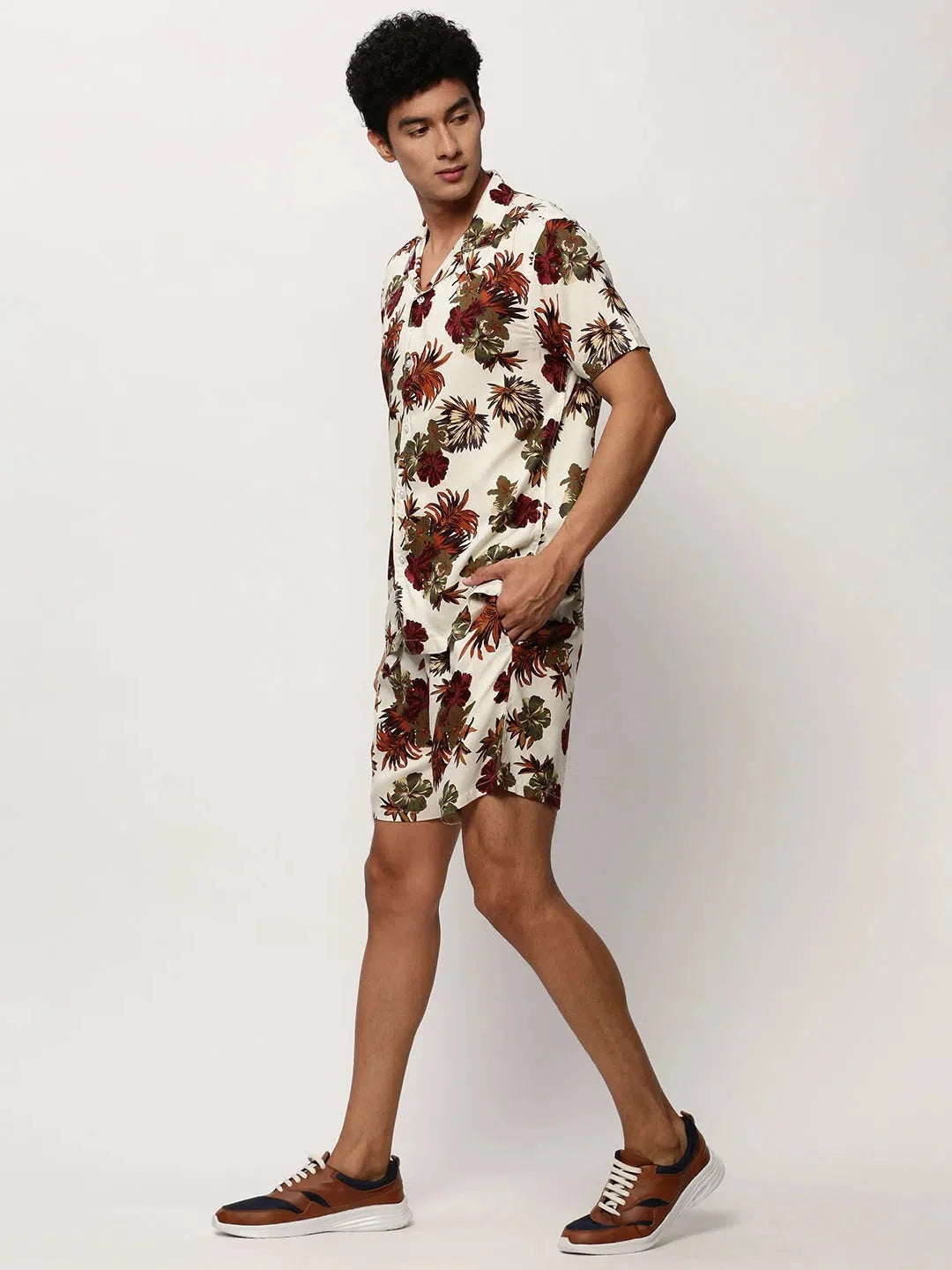 Men's Cream Printed Casual Co Ord Sets | Cotton Two Piece Sets