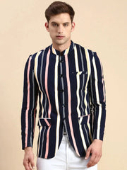 Men Navy Striped Party Blazer-SOBLZ-79-2-Navyblue