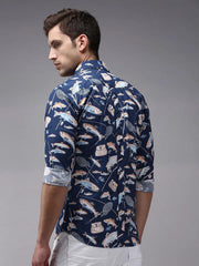 Men Blue Printed Casual Shirt-PERRYPRINT-1852-Navyblue