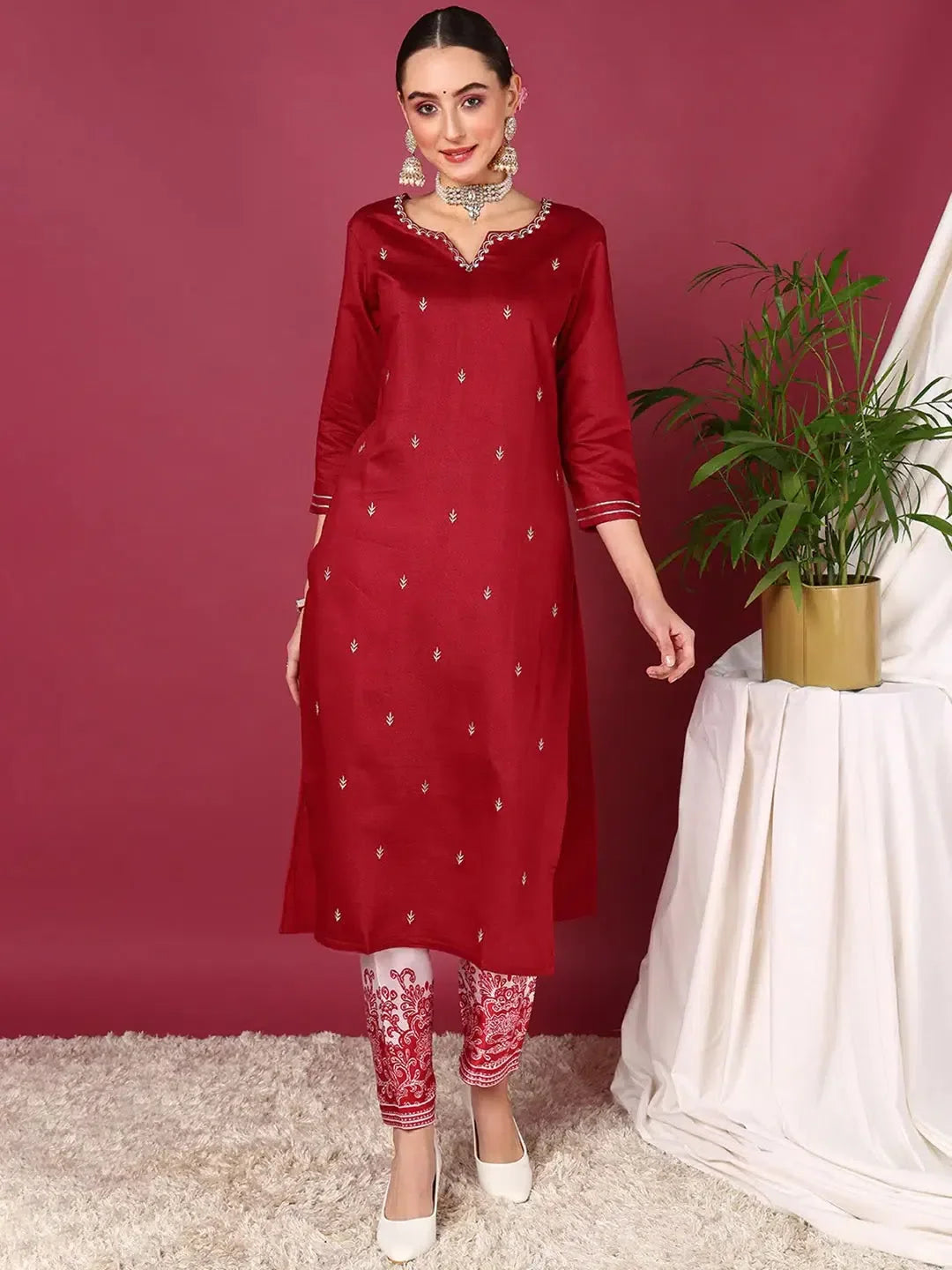 Red Embroidered Kurta Pant Set - Women's Indian Kurta Sets