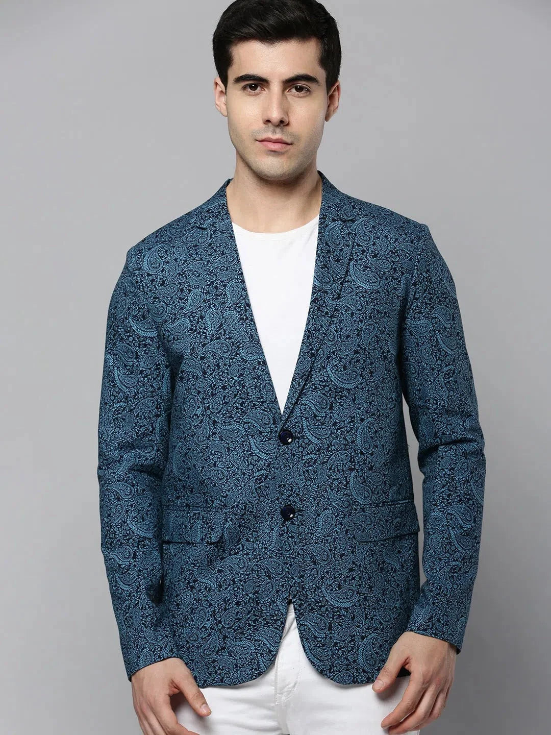 Blue Printed Cotton Blazer | Stylish Men's Ethnic Nehru Jacket