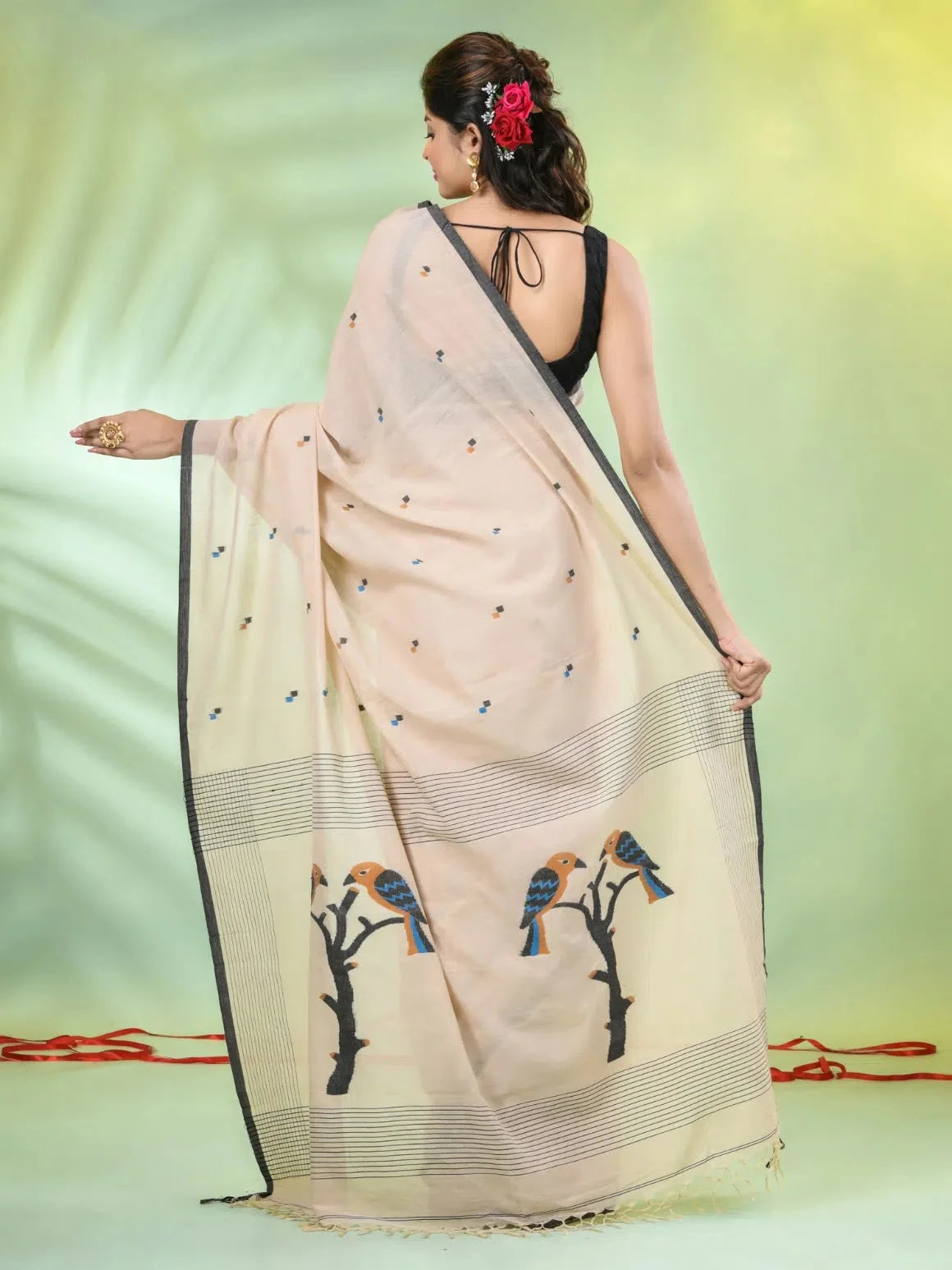 Beige Cotton Saree: Handwoven Bird Motifs | Indian Sarees