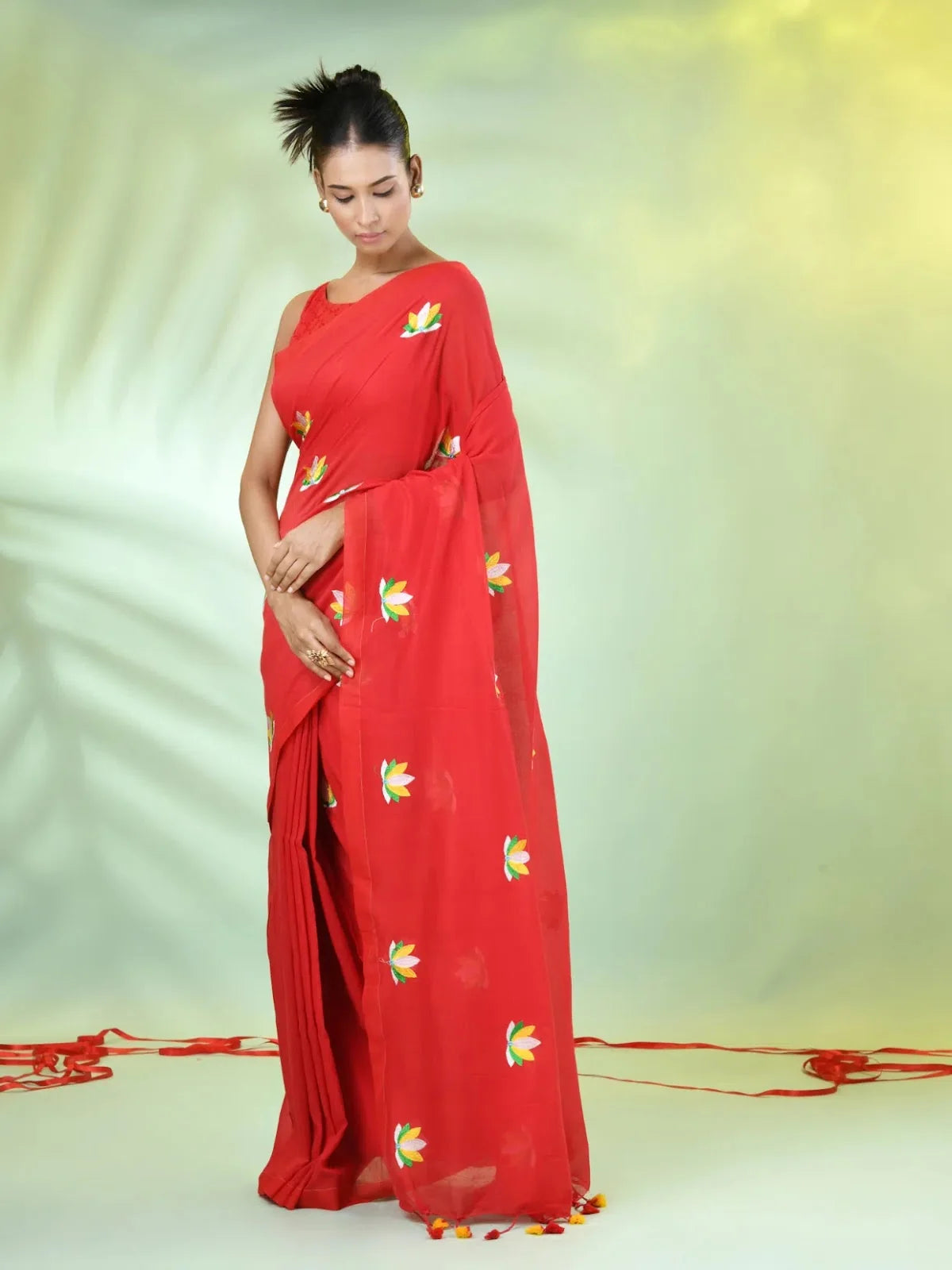 Red Embroidered Cotton Saree - Indian Sari Elegance