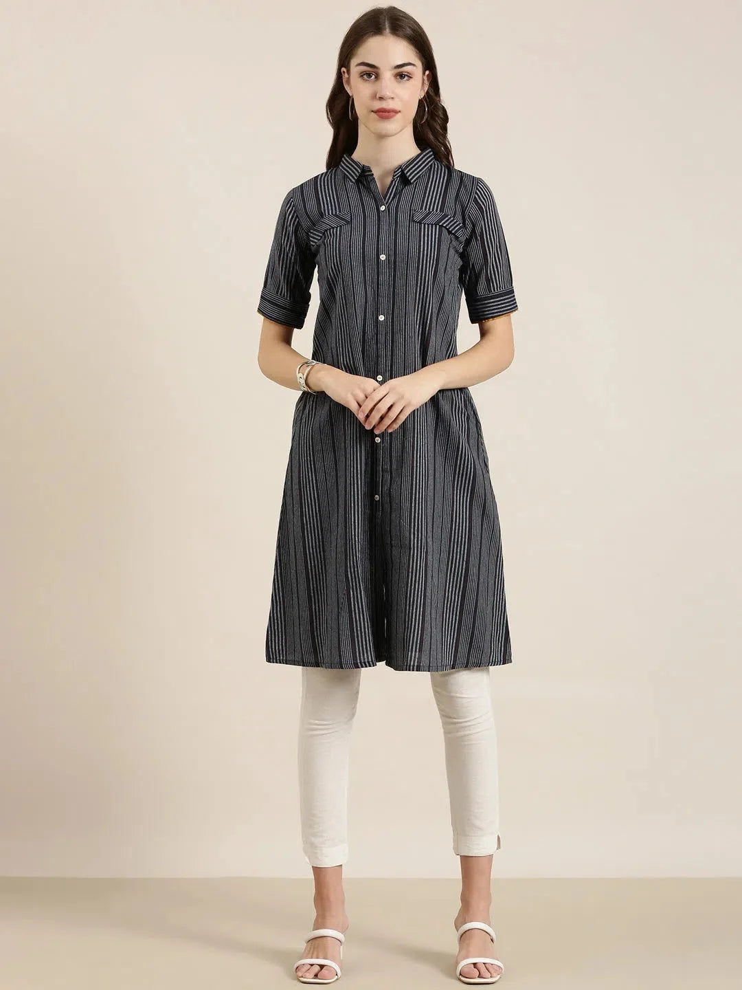 Navy Striped Cotton Kurta - Stylish Indian Kurta for Women