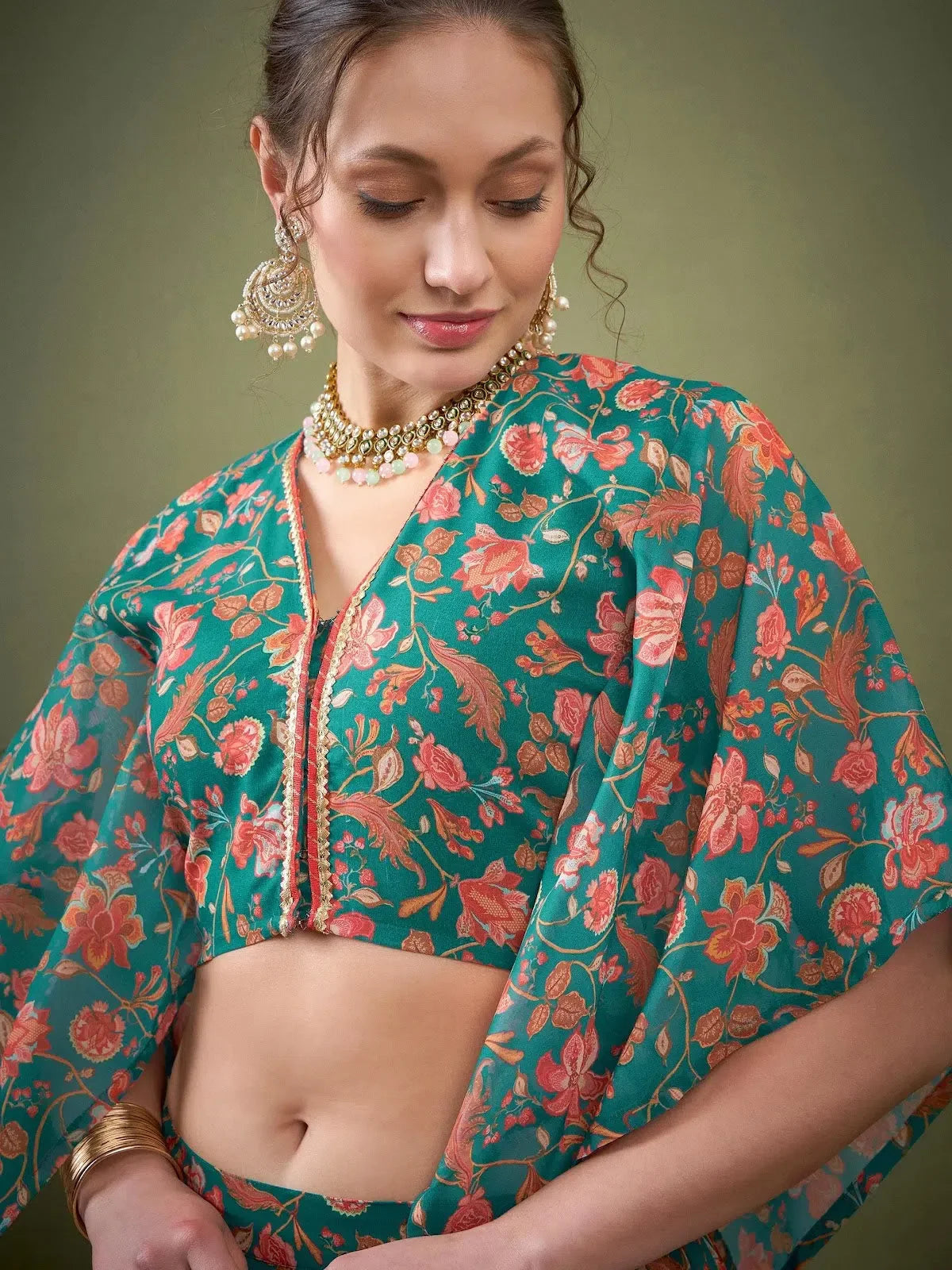 Teal Green Floral Anarkali Skirt & Blouse - Women's Lehenga Set