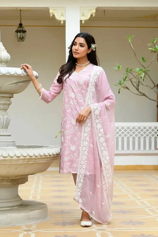 Pink Linen Kurta Set with Embroidered Dupatta | Women's Kurta ...