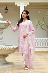 Women Pink Linen Embroidered Solid Kurta Set With Solid Pants & Chiffon Embroidered Dupatta-142-Vaas-Palepink