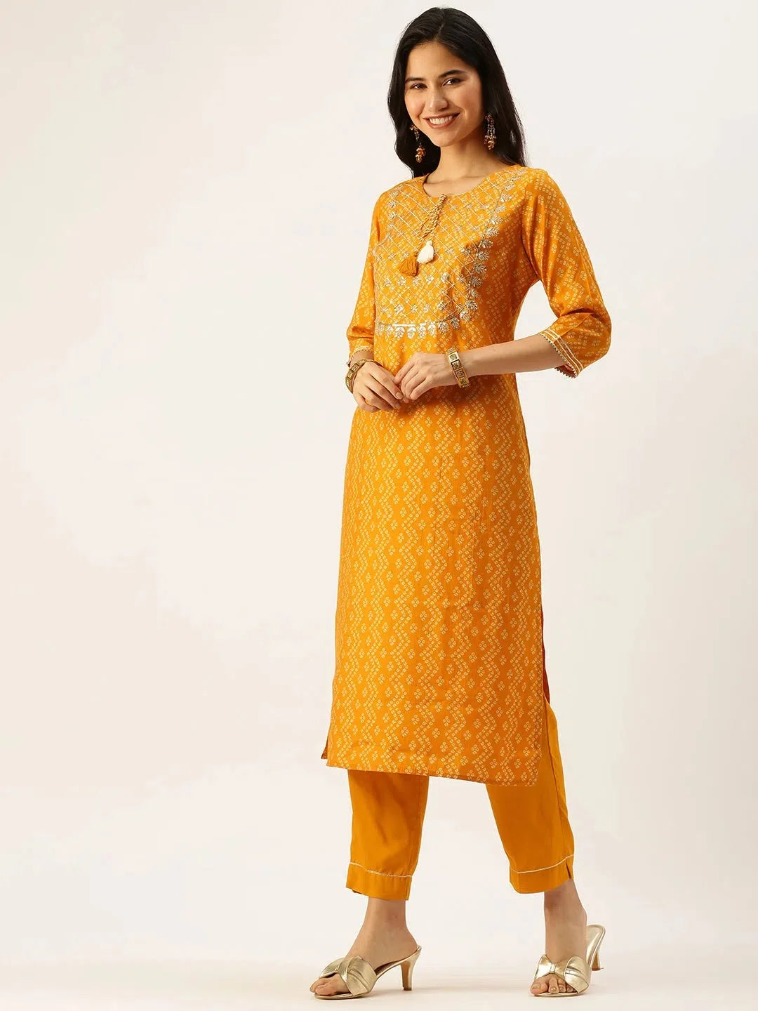 Women's Mustard Bandhini Kurta Sets | Cotton Designer Kurta Sets