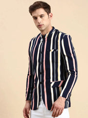 Men Navy Striped Party Blazer-SOBLZ-79-2-Navyblue