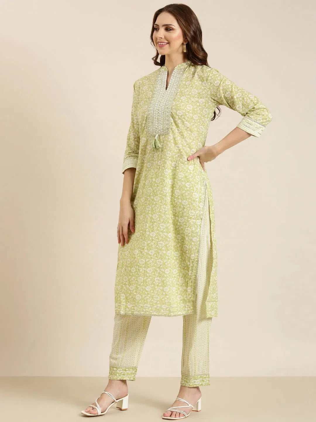 Lime Green Floral Kurta Set: Designer Women's Cotton Kurta Set