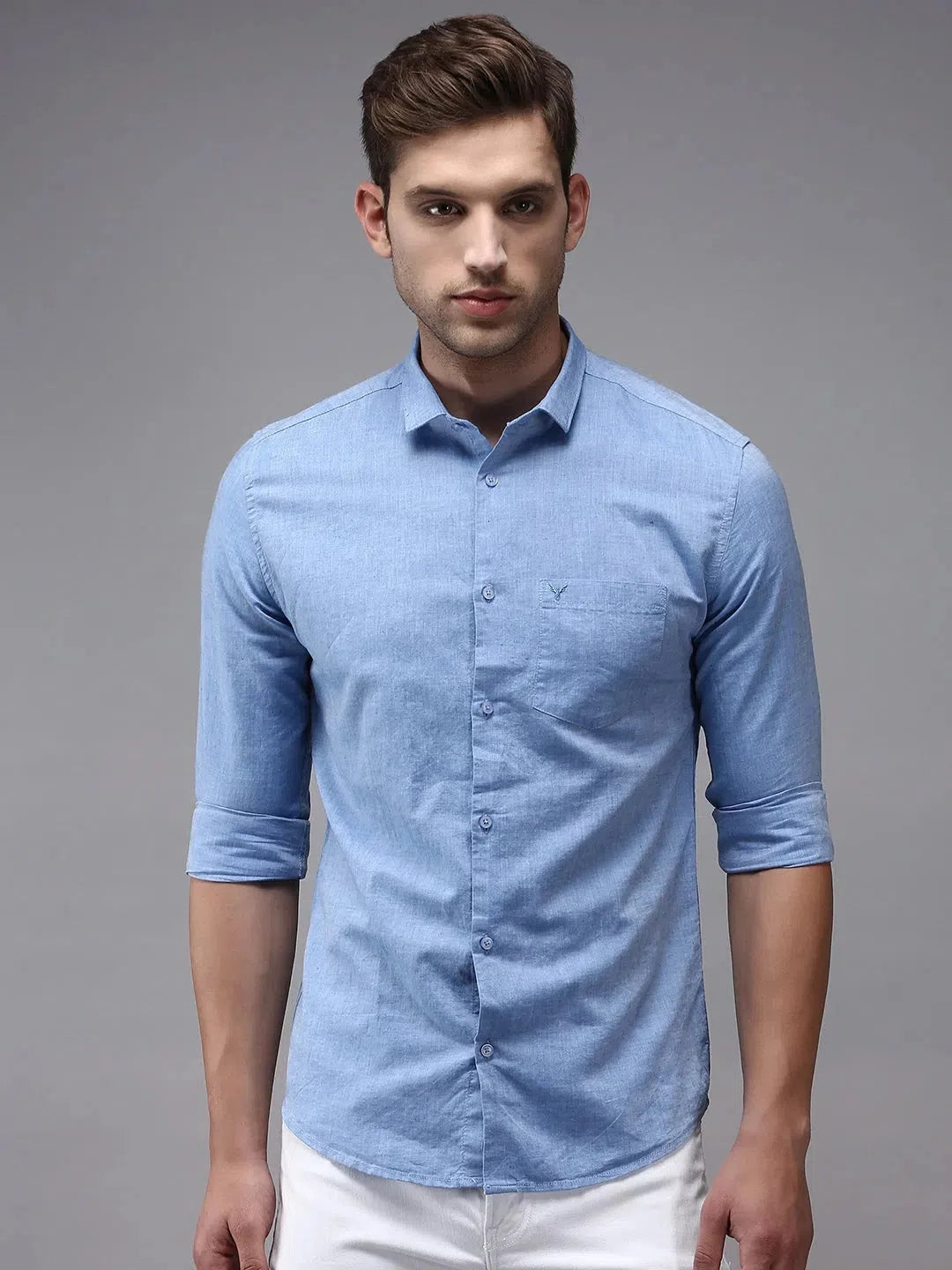 Blue Solid Mens Shirt - Casual Cotton Linen Shirt | DesiQlo