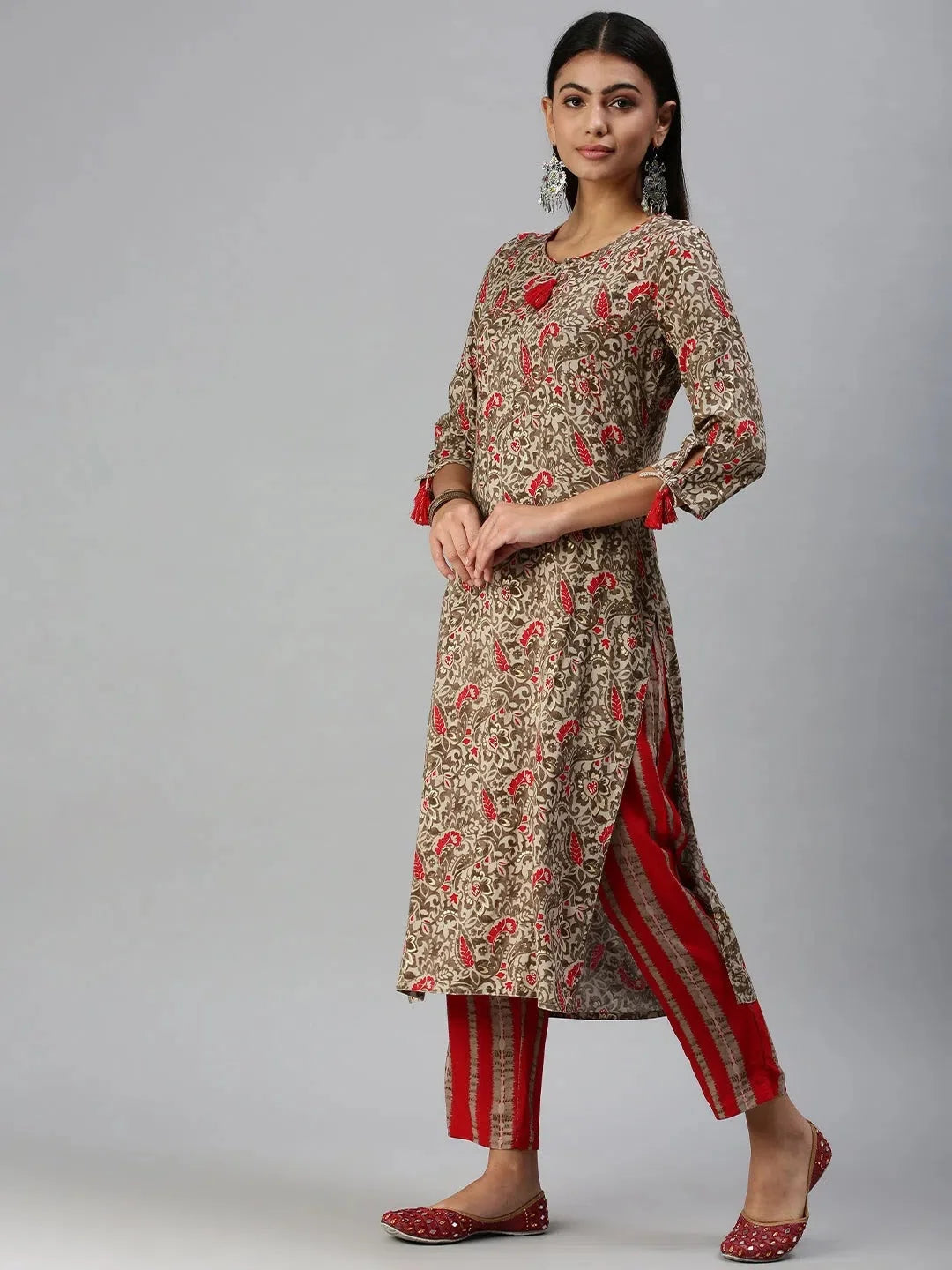 Beige Printed Women's Kurta Sets | Cotton Indian Kurta Sets - Style 1