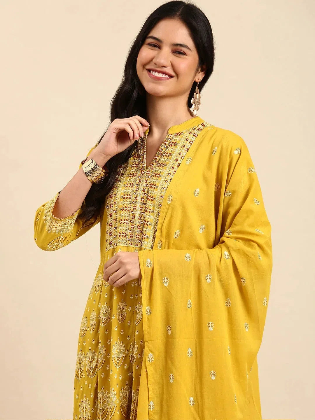 Mustard Printed Kurta Set | Women's Indian Cotton Kurta Sets