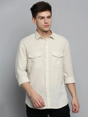 Men Beige Solid Casual Shirt-RAPTORLINEN-4376-Cream