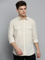 Men Beige Solid Casual Shirt-RAPTORLINEN-4376-Cream