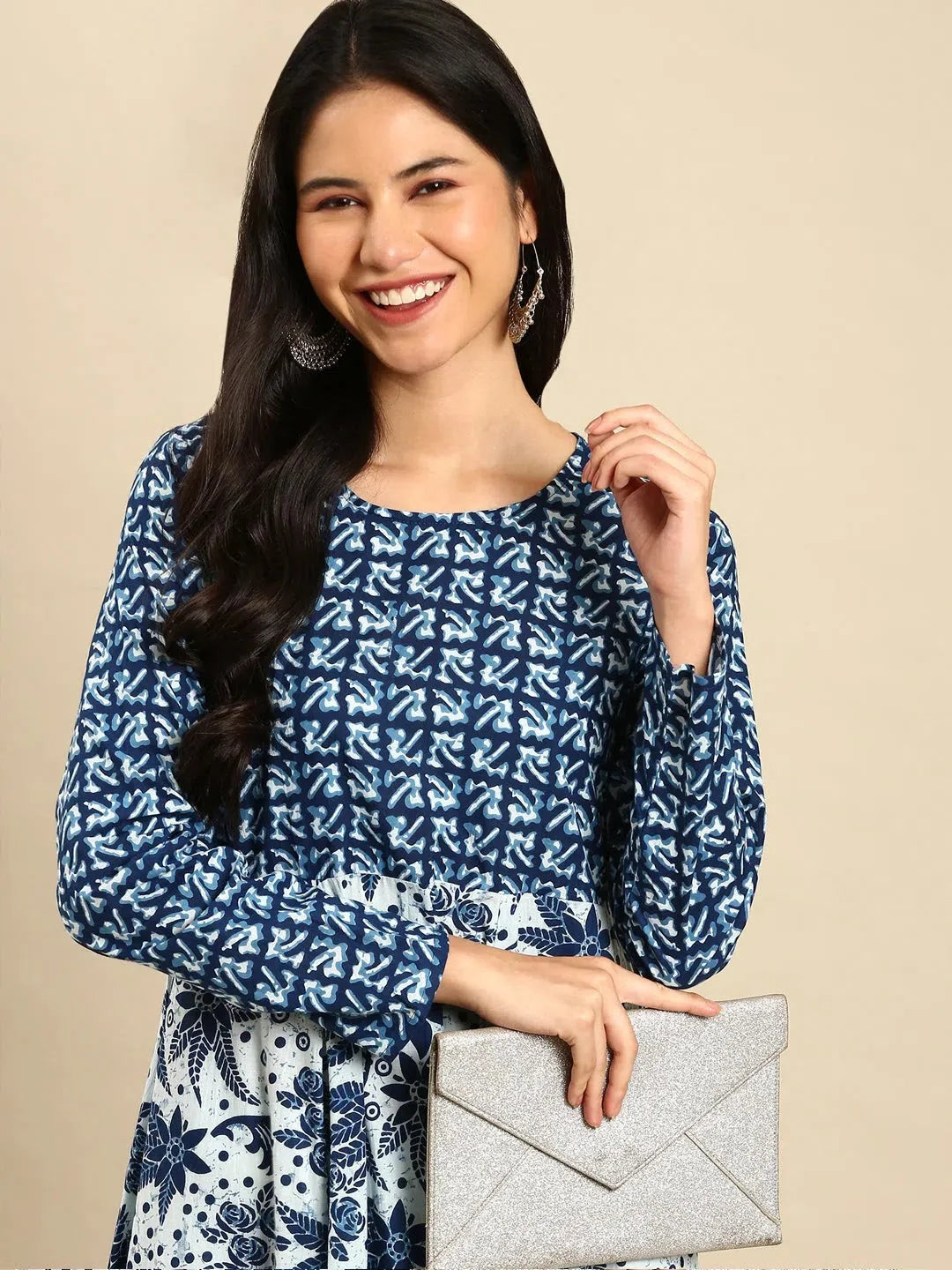 Navy Blue Printed Anarkali Kurti | Cotton Anarkali Kurta Online