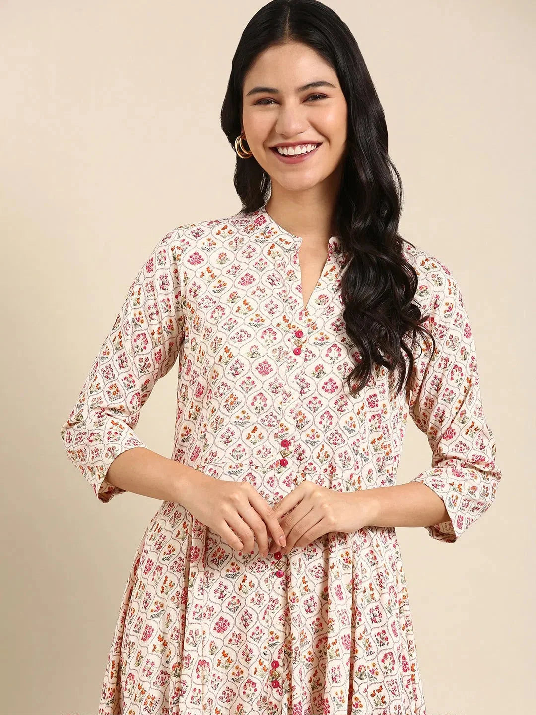Cream Printed Anarkali Kurta - Women's Trendy Anarkali Suit