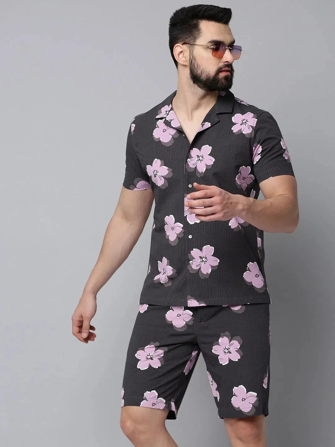 Grey Printed Cotton Casual Mens Co Ord Sets | Showoff