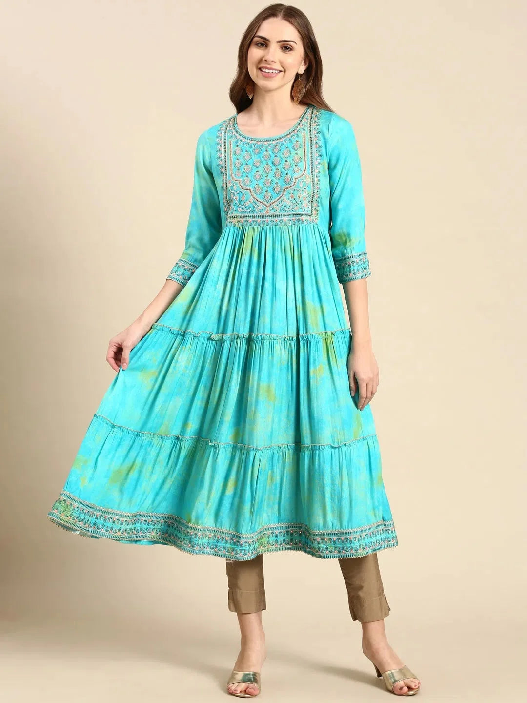 Women's Turquoise Blue Tie Dye Anarkali Kurta-GW-3273-Turquoiseblue