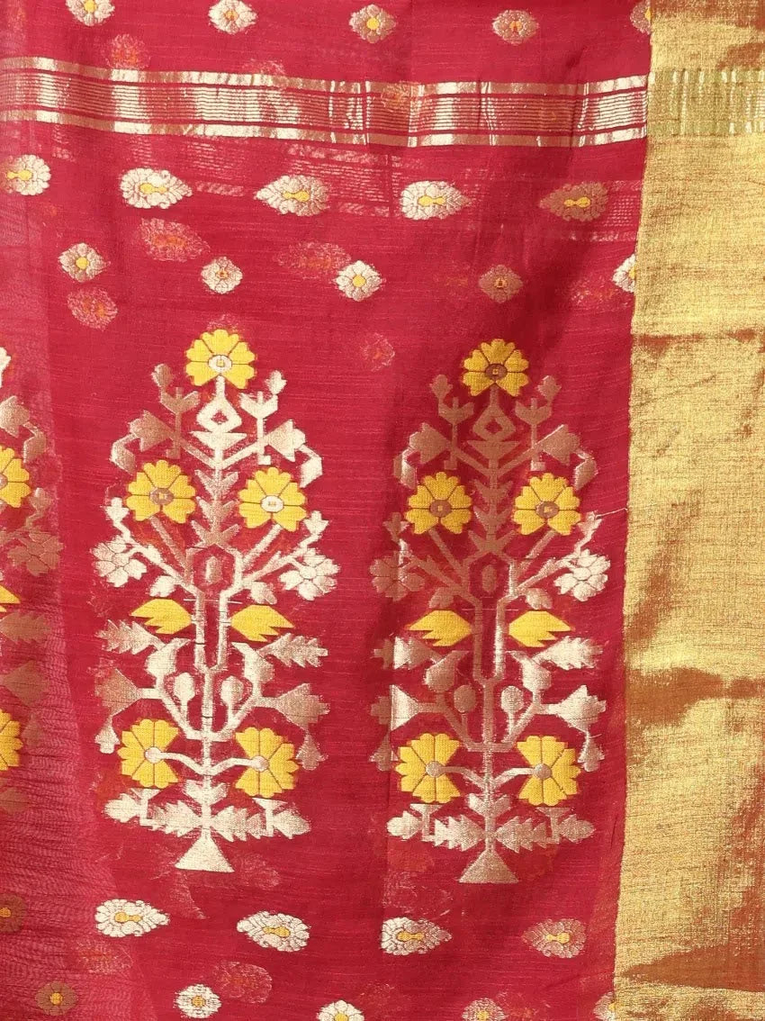 Maroon Cotton Indian Sari with Zari Border