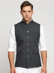 Men Charcoal Mandarin Collar Solid Nehru Jacket-AK-12527-20-Charcoal