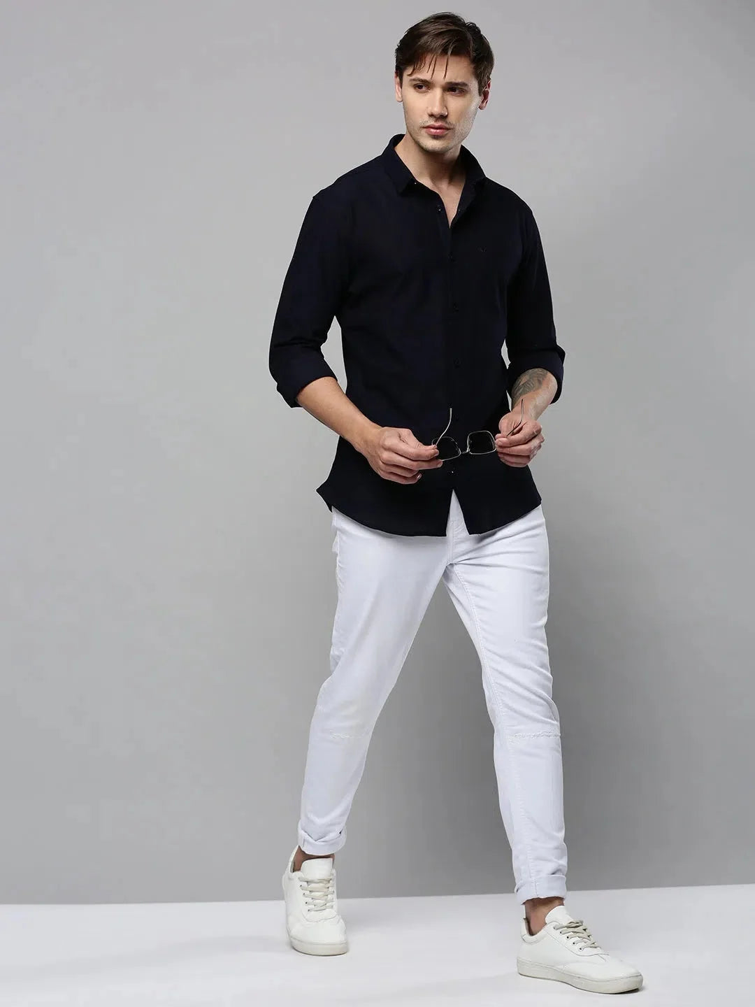 Navy Solid Cotton Mens Shirt | Classic Casual Style