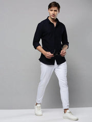 Men Navy Solid Casual Shirt-SAATVIKKNITS-4444-Navyblue
