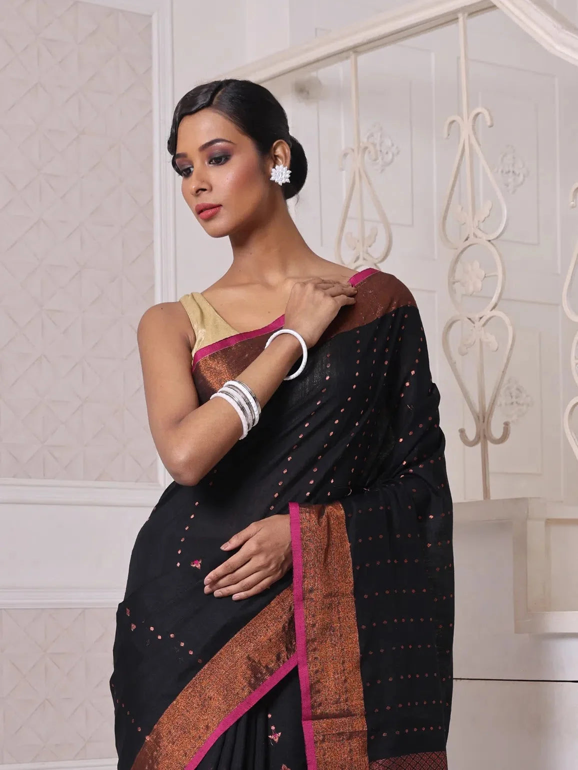 Black Cotton Zari Saree | Indian Sari with Banarasi Touch