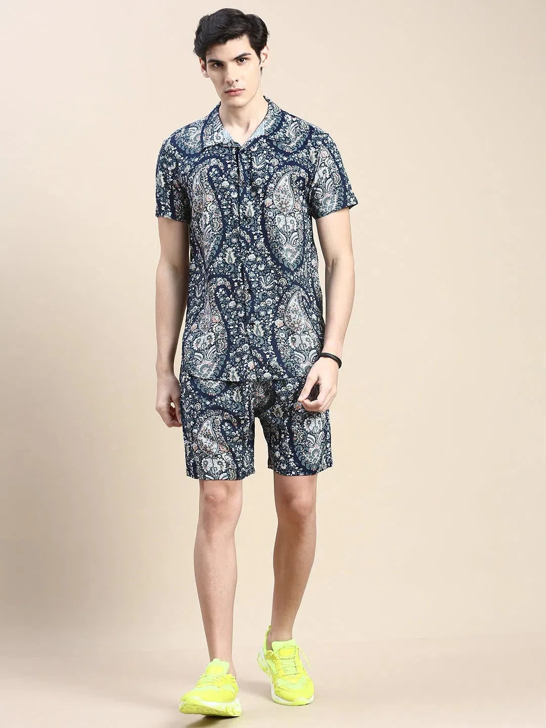Men's Navy Printed Cotton Casual Co ord Set | Showoff
