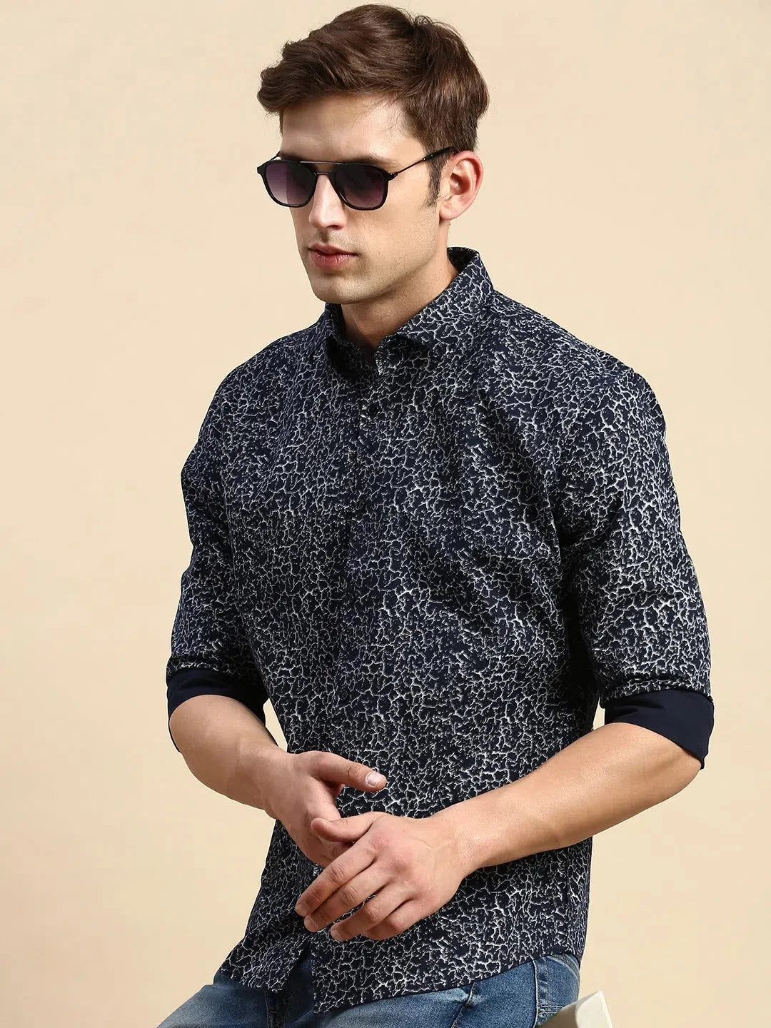 Navy Printed Cotton Mens Shirt - Stylish Casual Wear