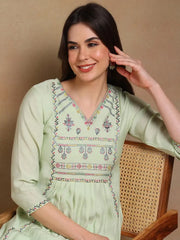 Women Green Rayon Embroidered A-Line Kurta Pant Set
