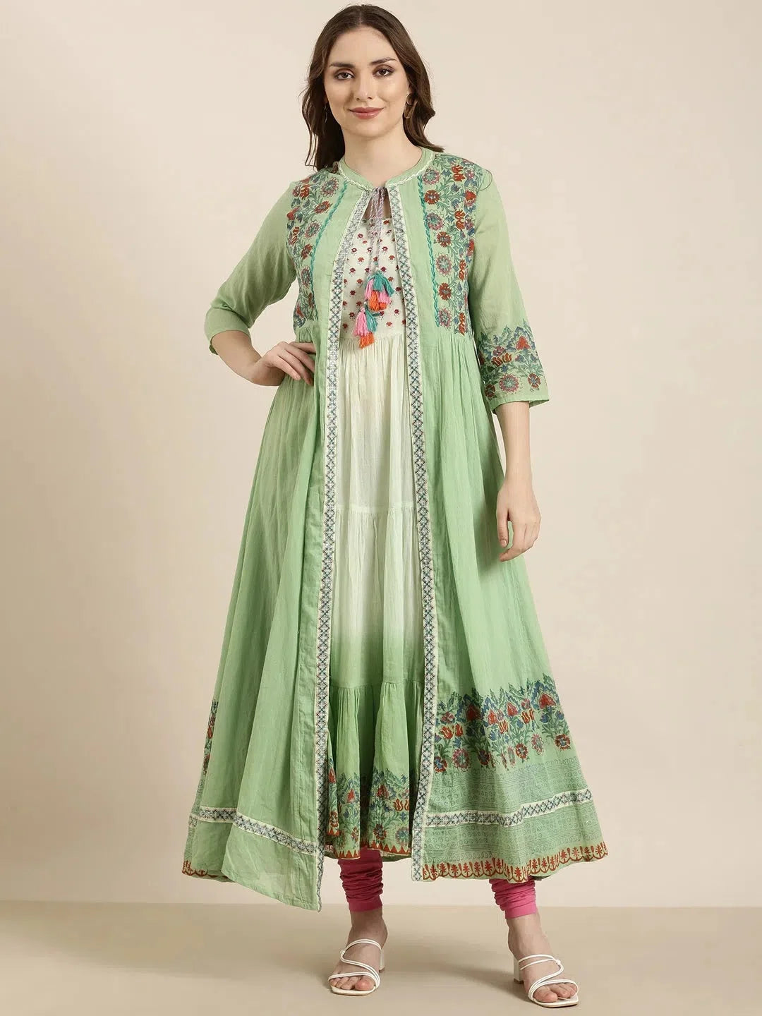 Green Floral Anarkali Kurta with Overcoat - Anarkali Suits