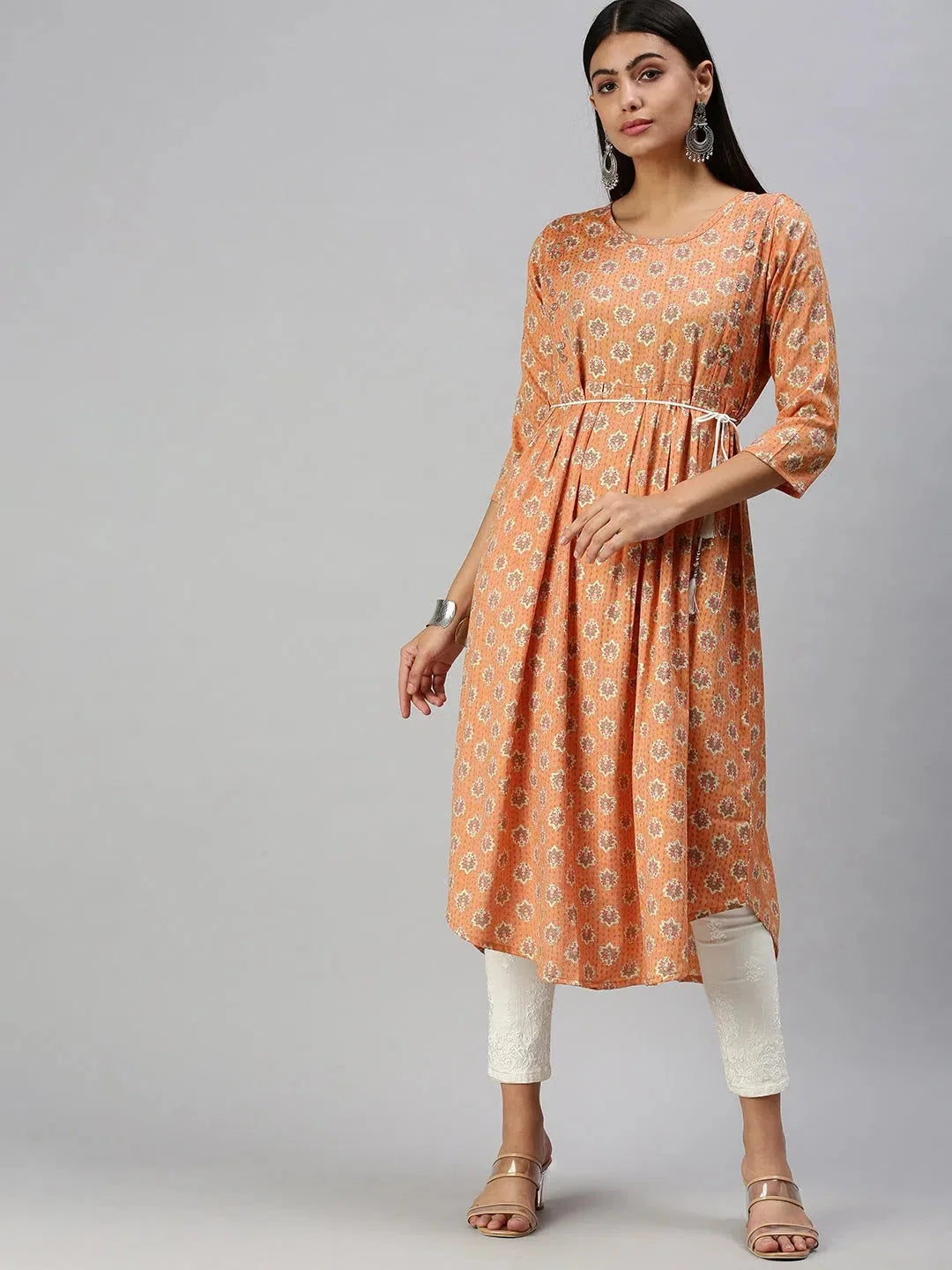 Orange Printed A-Line Indian Kurtis for Women - DesiQlo