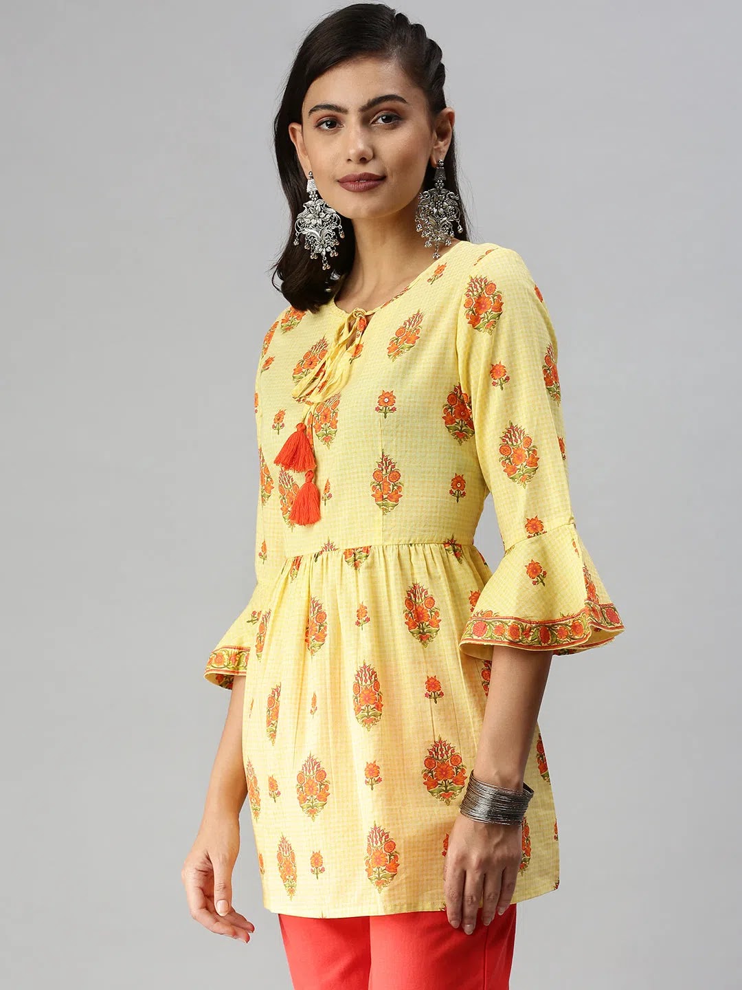 Yellow Printed Kurti - Trendy Women's Indian Tunic Top Online