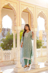 Women Sky Blue Linen Floral Printed Kurta, Pant & Dupatta set
